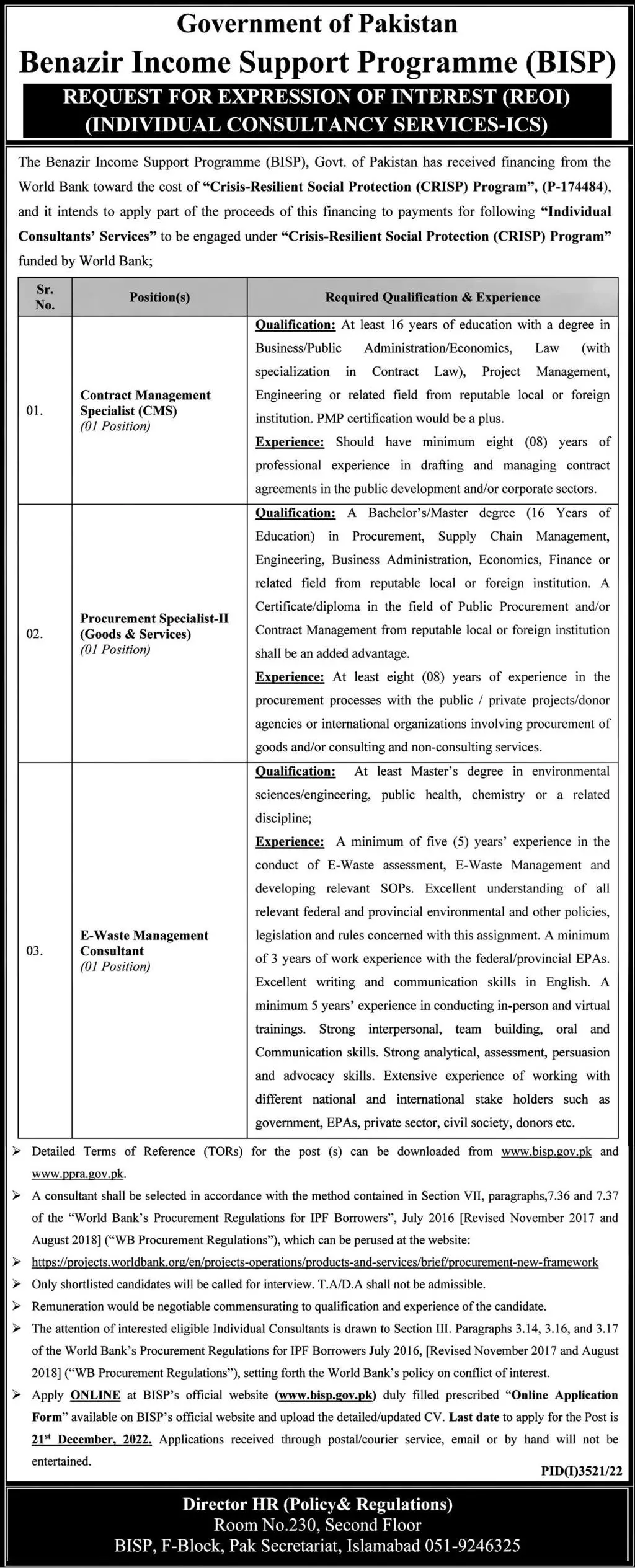 Banazir Income Support Program Bisp Islamabad Jobs 2022 – Benazir Income Support Programme Jobs 2022 — original advertisement