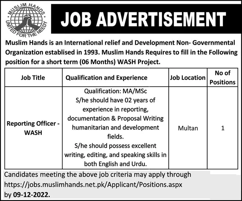 Muslim Hands Multan Punjab Jobs 2022 Jobs 2022 — original advertisement