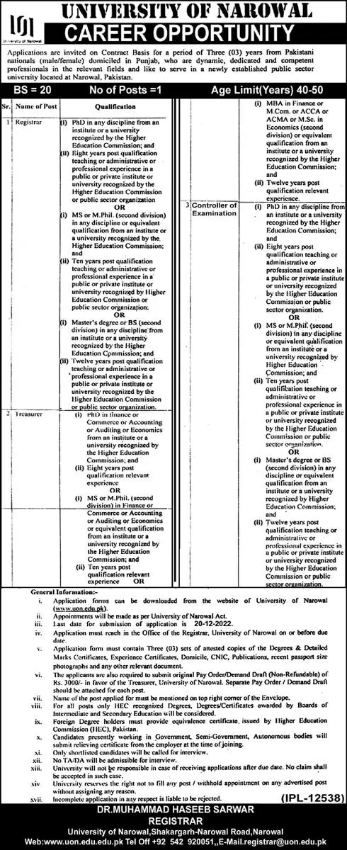 University of Narowal Jobs 2022 Jobs 2022 — original advertisement