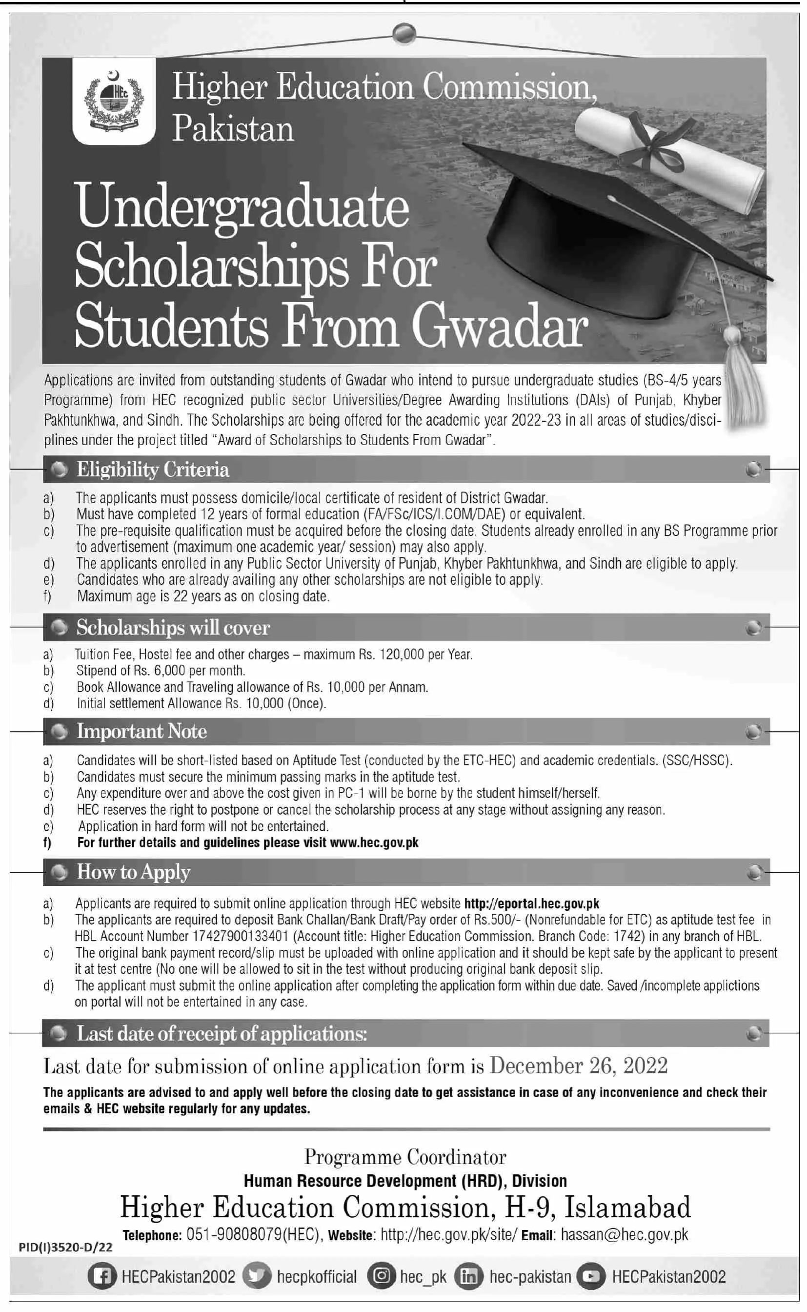 HEC Undergraduate Scholarship For Gwadar 2022 – Higher Education Commission Islamabad Scholarships 2022 — original advertisement