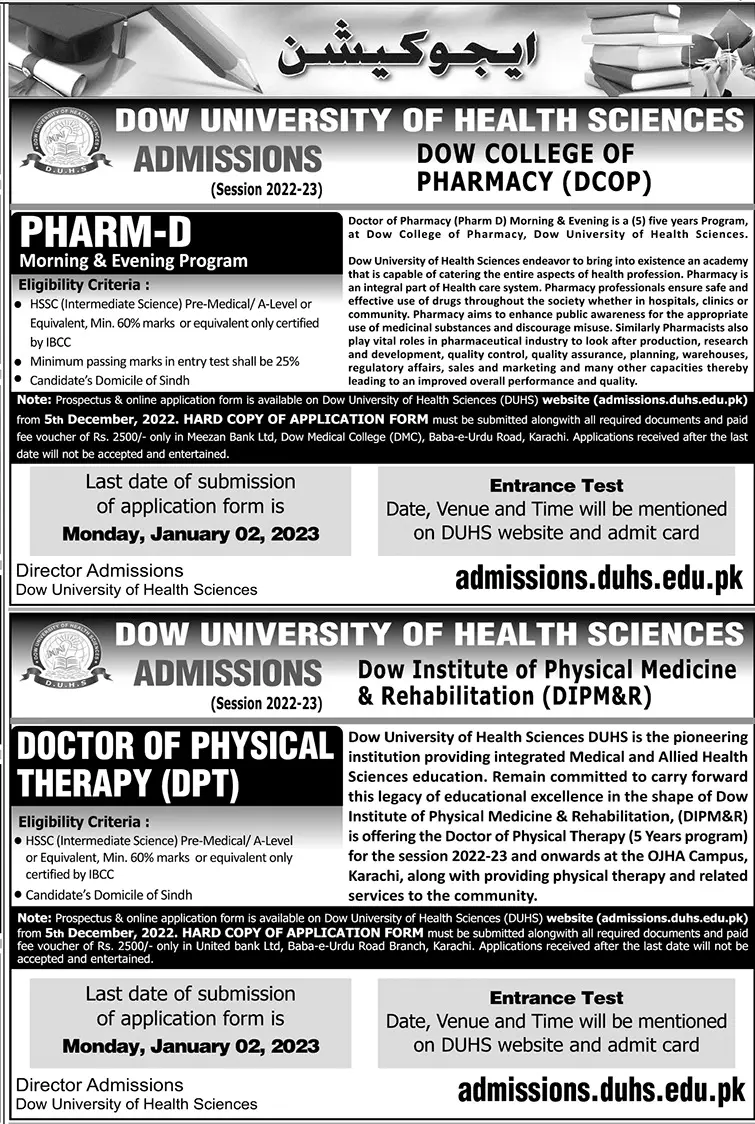 Dow University of Health Sciences Karachi Admissions 2022 Admissions 2022 — original advertisement