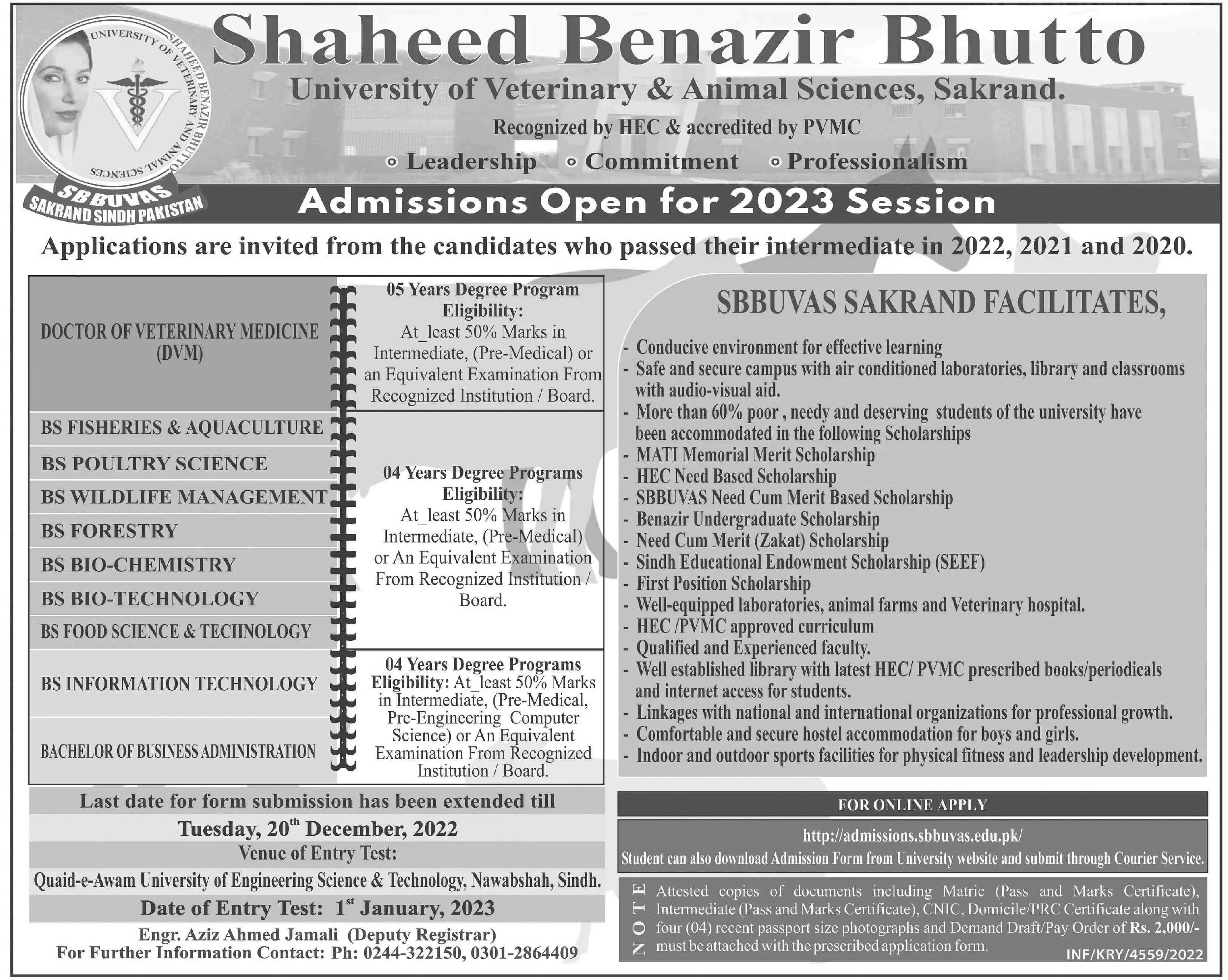 Shaheed Benazir Bhutto University of Veterinary Admissions – Shaheed Benazir Bhutto University of Veterinary & Animal Sciences Sakrand Sindh Admissions 2022 — original advertisement