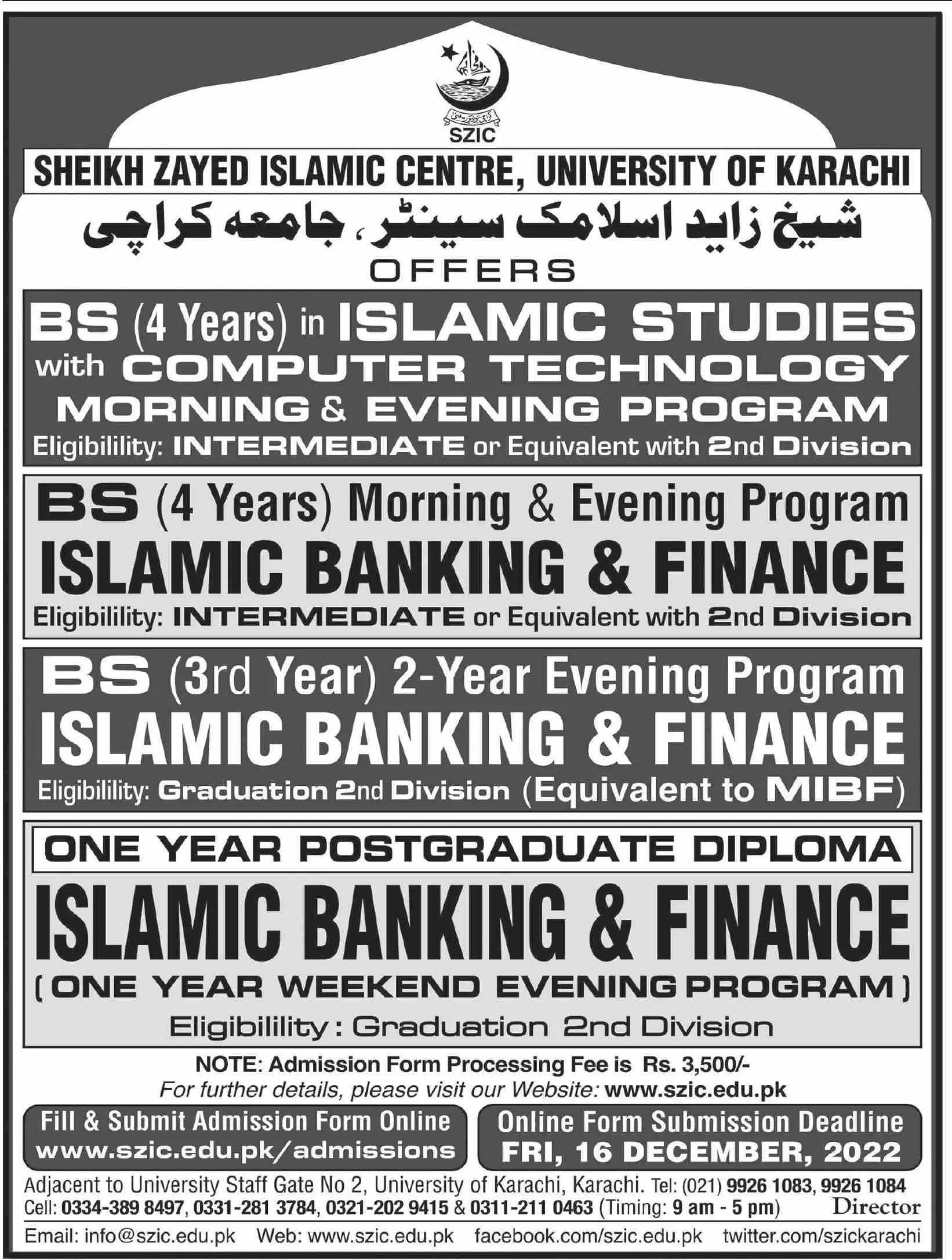 Sheikh Zayed Islamic Center University of Karachi Admissions Admissions 2022 — original advertisement
