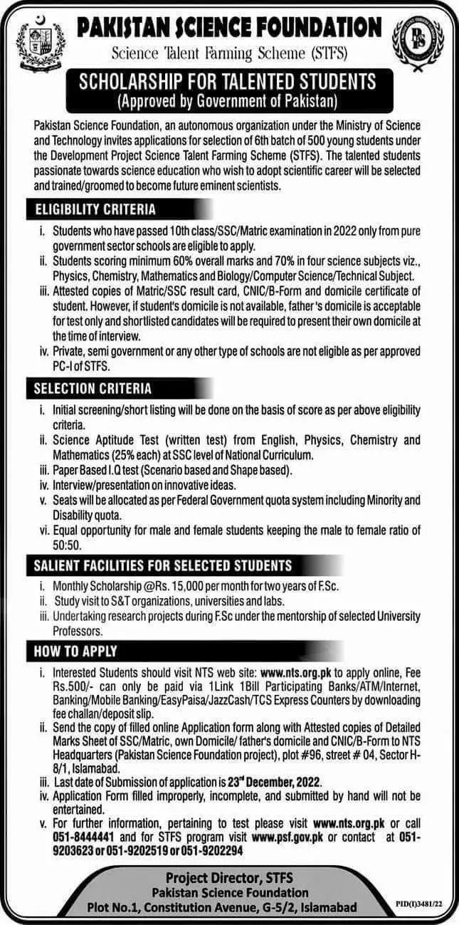 Pakistan Science Foundation (PSF) Schlarship 2022 – Pakistan Science Foundation Islamabad Scholarships 2022 — original advertisement