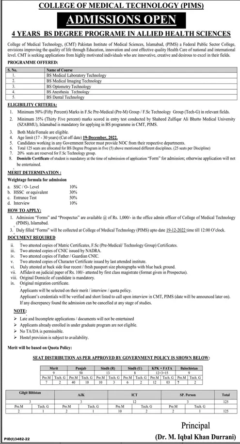 Pakistan institute of Medical PIMS Islamabad Admissions 2022 – Pakistan Institute of Medical Sciences PIMS Islamabad Admissions 2022 — original advertisement