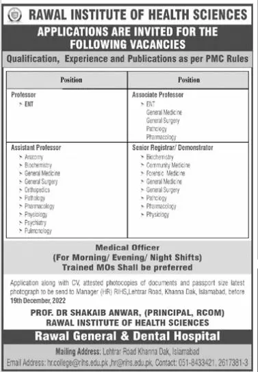 Rawal institute of Health Sciences Islamabad Jobs 2022 Jobs 2022 — original advertisement