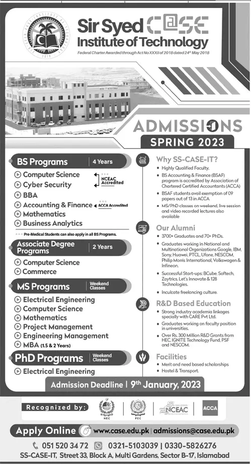 Sir Syed CASE institute of Technology Islamabad Admissions Admissions 2022 — original advertisement