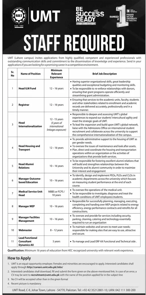 University of Management and Technology UMT Lahore Jobs 2022 – University of Management & Technology Lahore Jobs 2022 — original advertisement