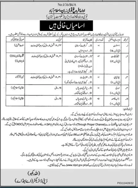 National Language Promotion Department Islamabad Jobs 2022 Jobs 2022 — original advertisement