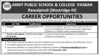 Army Public School & College Pasban Rawalpindi Jobs 2022 – Army Public School And College Rawalpindi Jobs 2022 — original advertisement
