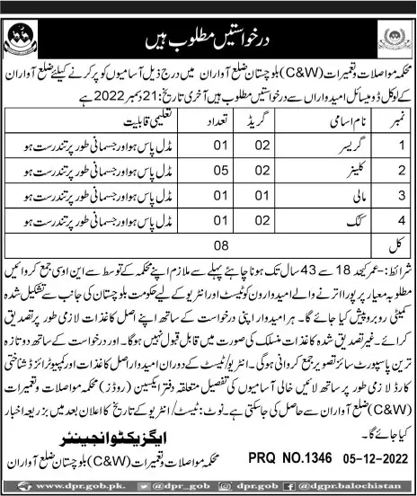 Communication and Construction C&W Awaran Balochistan Jobs – Communication & Works Department Balochistan Jobs 2022 — original advertisement