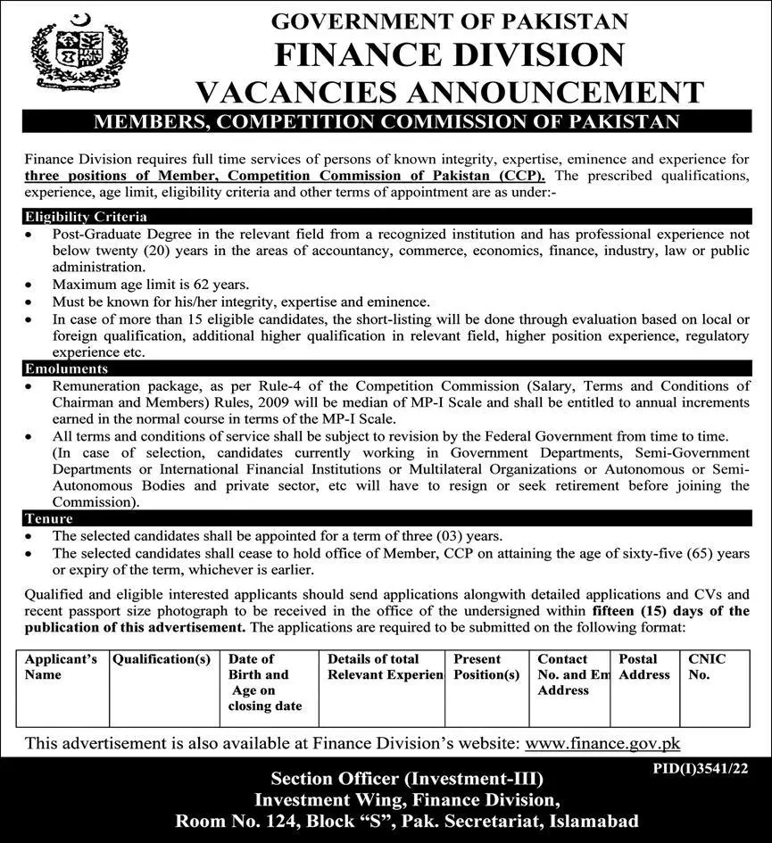 Finance Division Islamabad Jobs 2022 Jobs 2022 — original advertisement