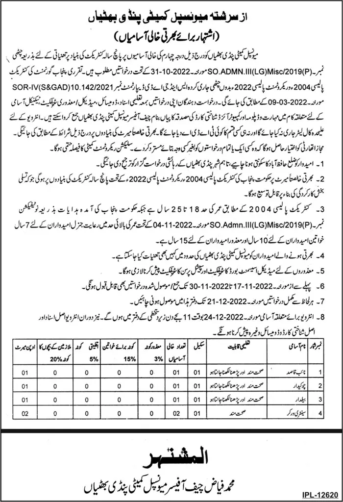 Muncipal Committee Pindhie Bhattia Jobs 2022 – Muncipal Commette Jobs 2022 — original advertisement