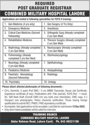 Combined Militry Hospital Lahore Jobs 2022 – Combined Military Hospital CMH Jobs 2022 — original advertisement