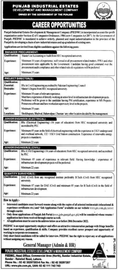 Punjab Industrial Estates PIEDMC Jobs 2022 – Punjab Industrial Estates Development & Management Company Jobs 2022 — original advertisement