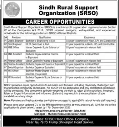 Sindh Rural Support organization SRSO Jobs 2022 – Public Sector Organization Jobs 2022 — original advertisement