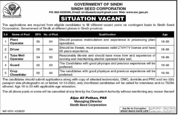 Sindh Seed Corporation Jobs 2022 – Govt of Sindh Jobs 2022 — original advertisement