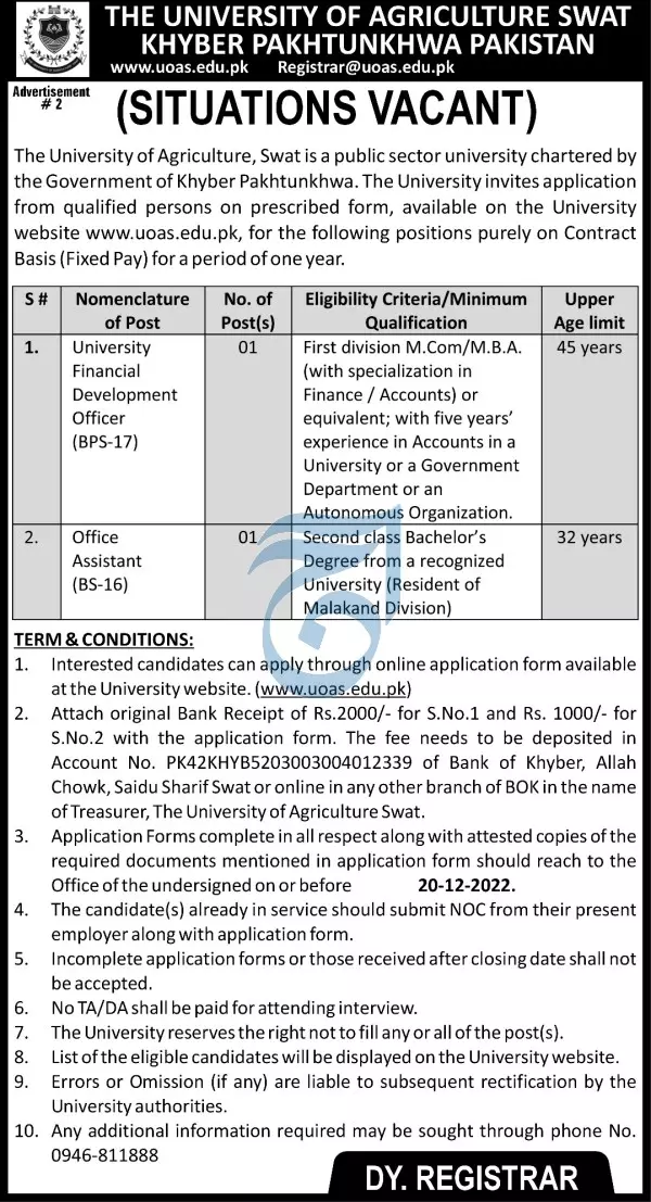 University Of Agricultural Swat Khyber Pakhtunkhwa Jobs 2022 Jobs 2022 — original advertisement