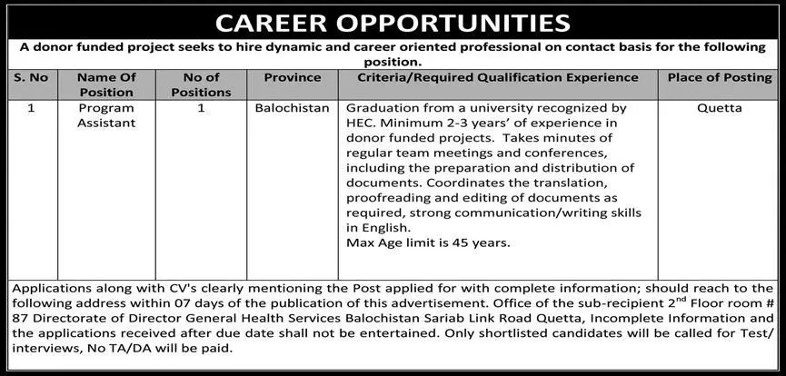 Donor Funded Project Program Quetta Balochistan Jobs 2022 – Public Sector Organization Jobs 2022 — original advertisement