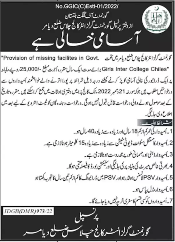 Government Girls Degree College Chalis Jobs 2022 – Education Department Gilgit Baltistan Jobs 2022 — original advertisement