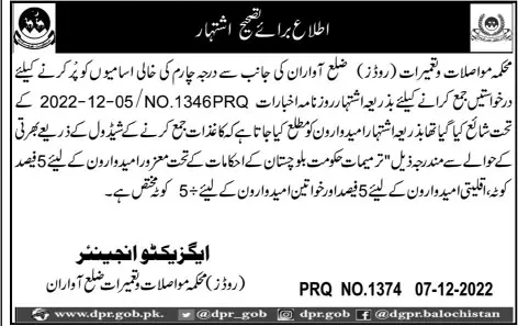 Extension Date in Communication and Works Department Jobs – Communication & Works Department Balochistan Jobs 2022 — original advertisement