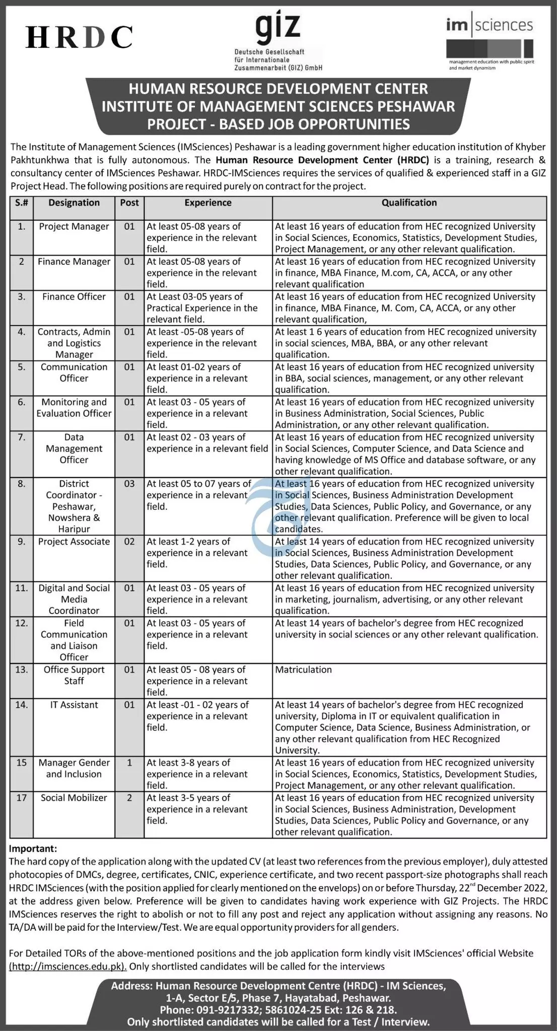 Institute of Mangement Peshawar Jobs 2022 – Institute of Management Sciences Peshawar Jobs 2022 — original advertisement