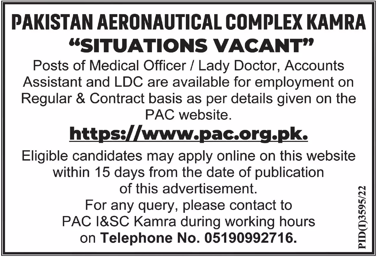 Pakistan Aeronautical Complex PAC Jobs 2022 – Pakistan Aeronautical Complex (PAC) Kamra Jobs 2022 — original advertisement