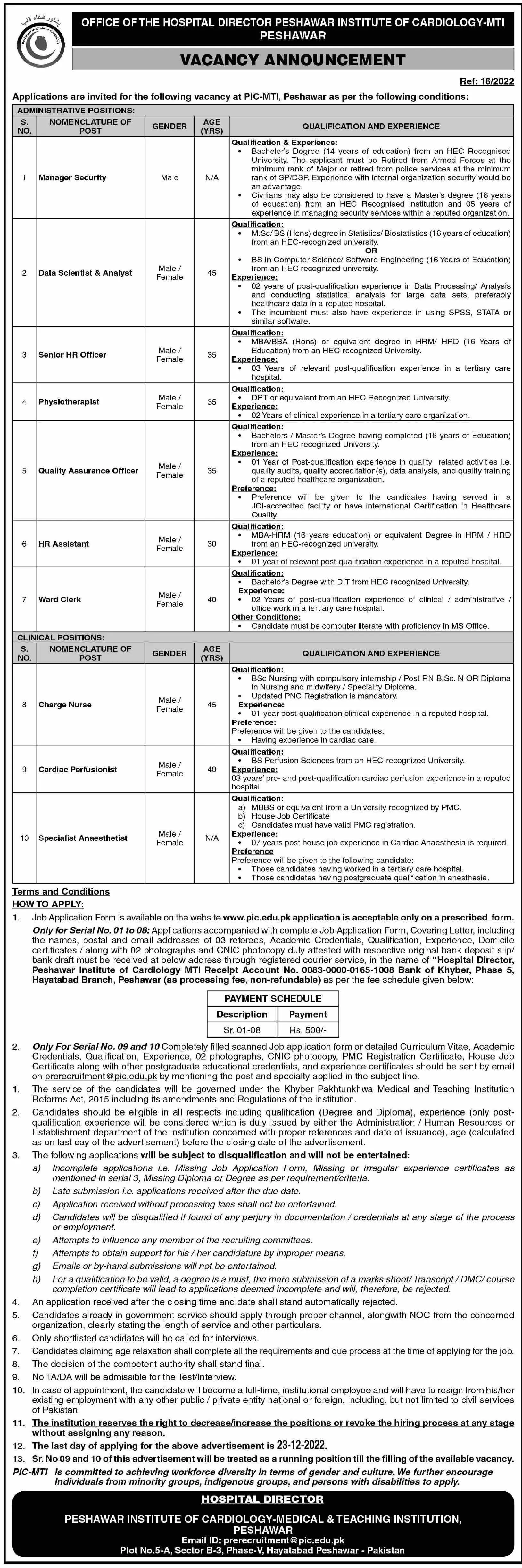 Peshawar Institute of Cardiology Peshawar Jobs 2022 Jobs 2022 — original advertisement