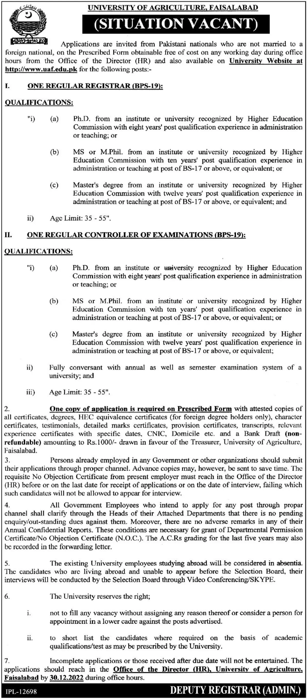 University of Agriculture Faisalabad Jobs 2022 Jobs 2022 — original advertisement