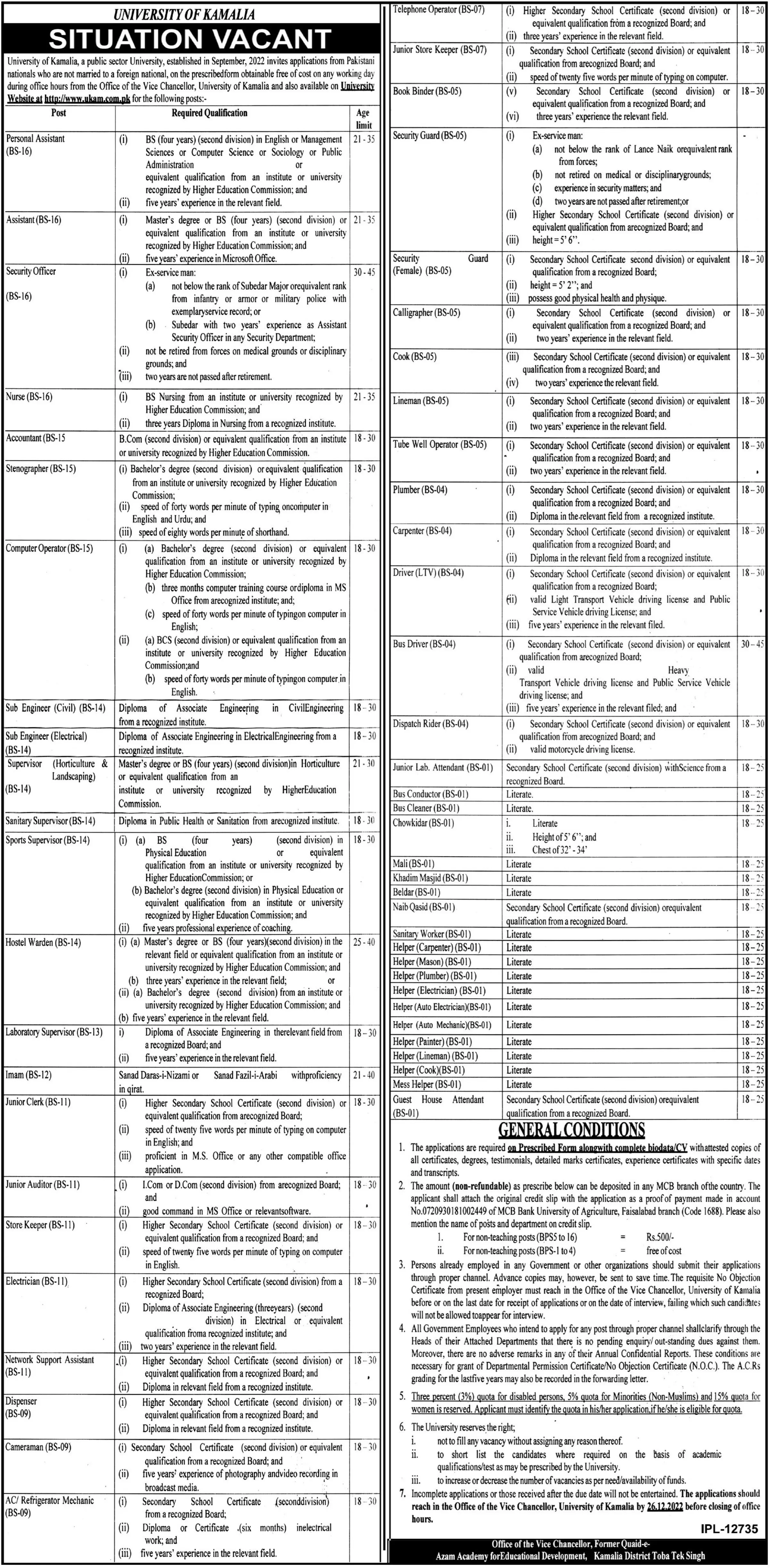 University of Kamalia Toba Tek Singh Jobs 2022 Jobs 2022 — original advertisement