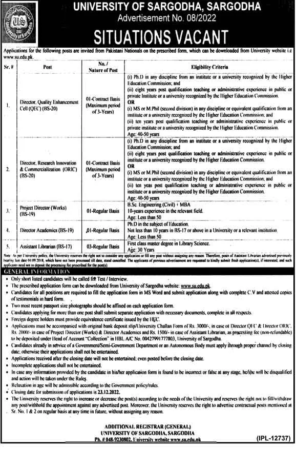 University Of Sargodha Jobs 2022 Jobs 2022 — original advertisement