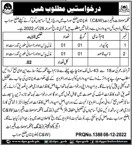 Communication & Construction Department Surab Jobs 2022 – Communication & Works Department Balochistan Jobs 2022 — original advertisement