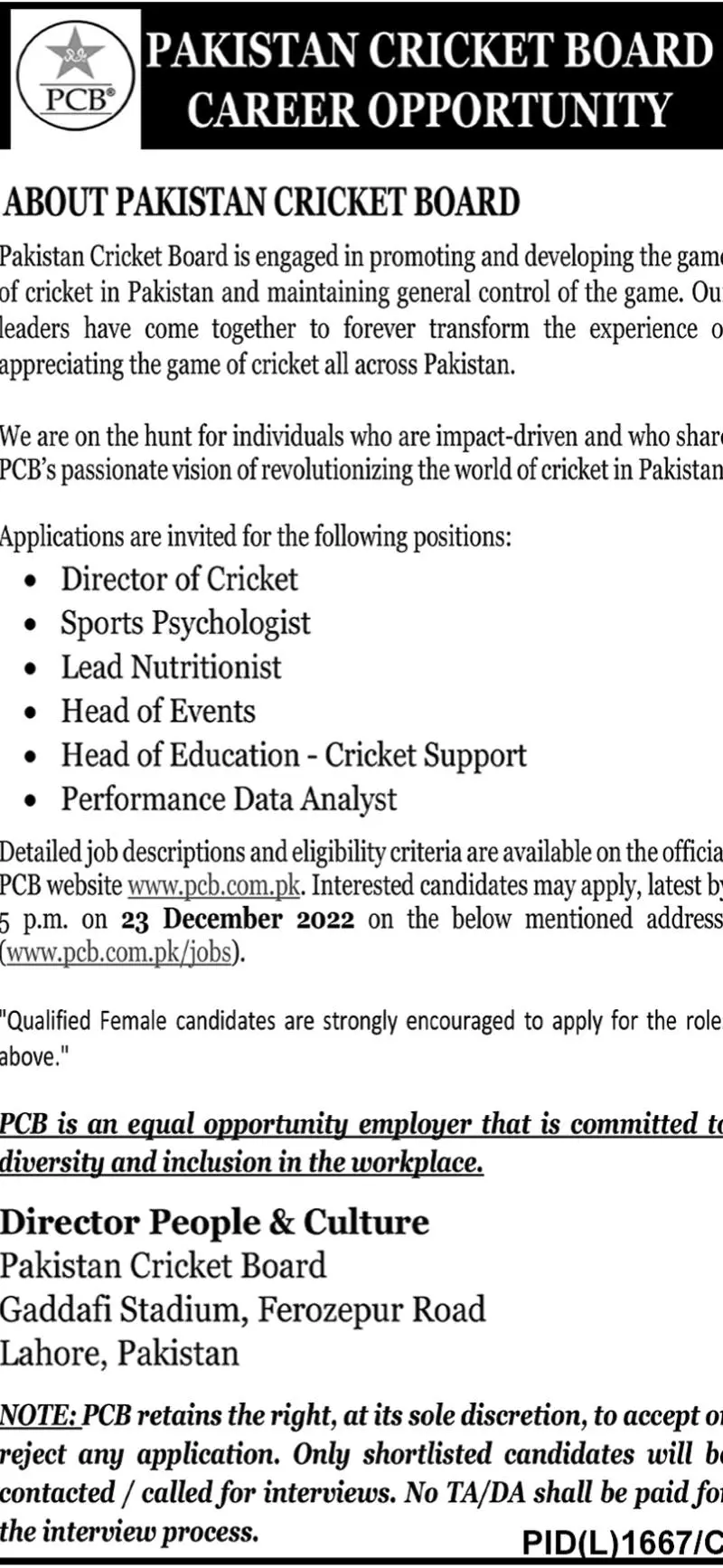 Pakistan Cricket Board PCB Jobs 2022 – Pakistan Cricket Board (PCB) Jobs 2022 — original advertisement