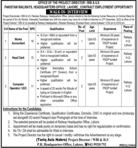 Pakistan Railways Headquaters office Lahore Jobs 2022 – Ministry of Railways Islamabad Jobs 2022 — original advertisement