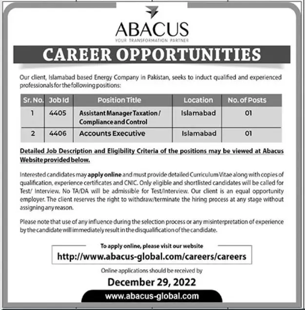 Abacus Consulting Pvt Limited Islamabad Job 2022 – Private Company Jobs 2022 — original advertisement