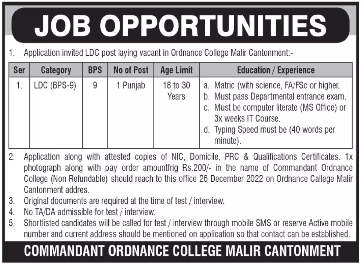 Commandant Ordance College Malir Cantonment Jobs 2022 – Pakistan Army Jobs 2022 — original advertisement