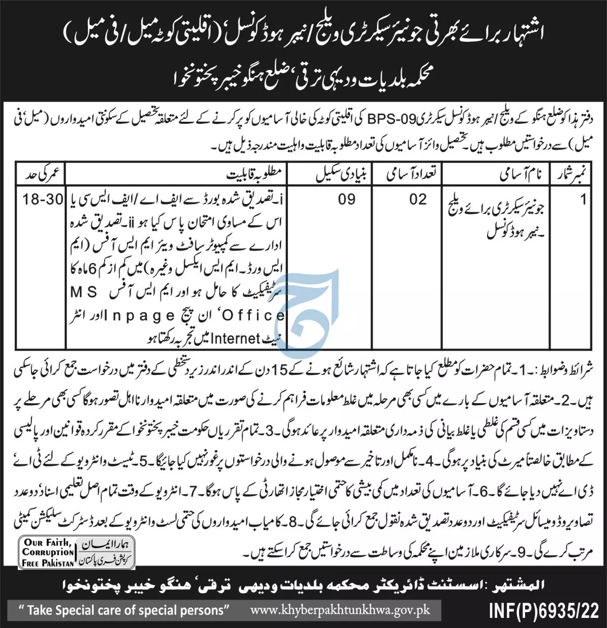 Local Government & Rural Development Department Kpk Jobs – Local Govt Department KPK Jobs 2022 — original advertisement