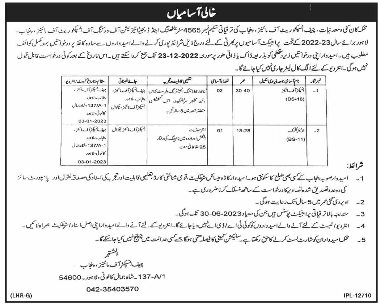 Minies & Minerals Department Punjab Jobs 2022 – Mines & Minerals Department Punjab Jobs 2022 — original advertisement