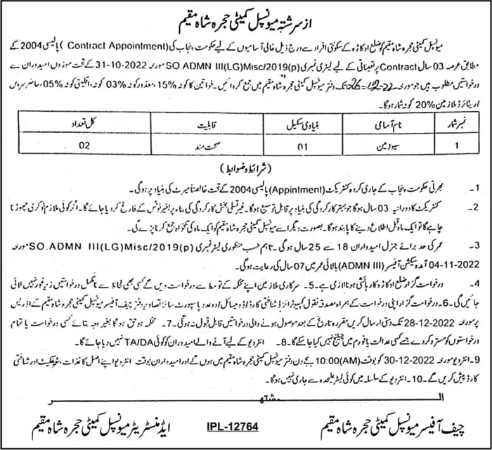Municipal Committee Hujra Shah Muqeem Sewerman Jobs – Muncipal Commette Jobs 2022 — original advertisement