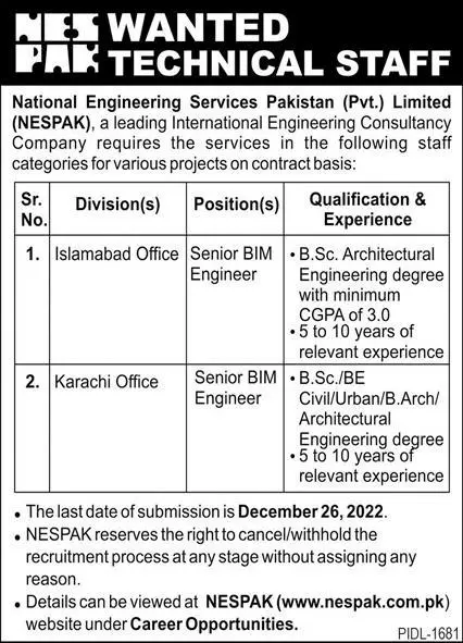 National Engineering Services Pakistan NESPAK Jobs 2022 – NESPAK National Engineering Services Pakistan Jobs 2022 — original advertisement
