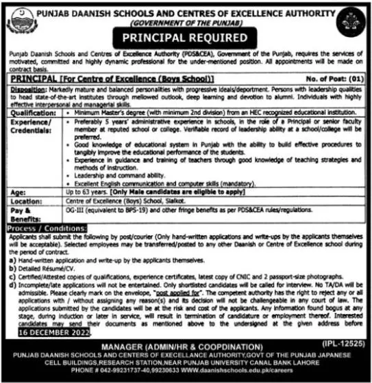 Punjab Daanish Schools & Center Of Excellence Authority Jobs Jobs 2022 — original advertisement