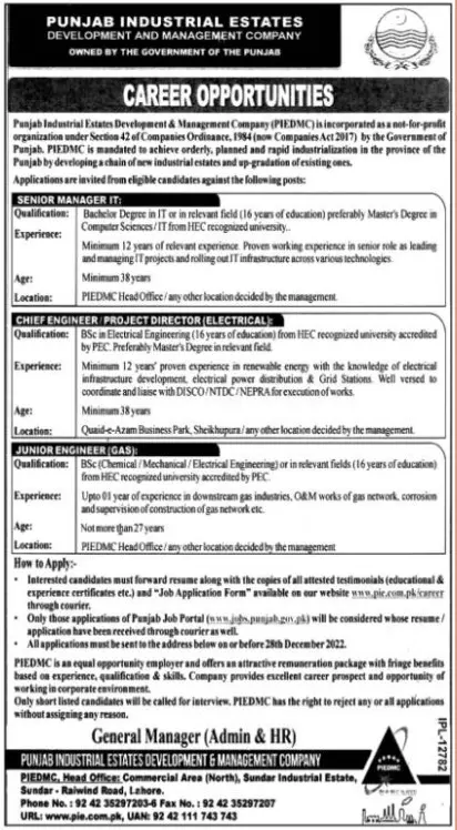 Punjab Industrial Estates Development & Management Jobs 2022 – Punjab Industrial Estates Development & Management Company Jobs 2022 — original advertisement