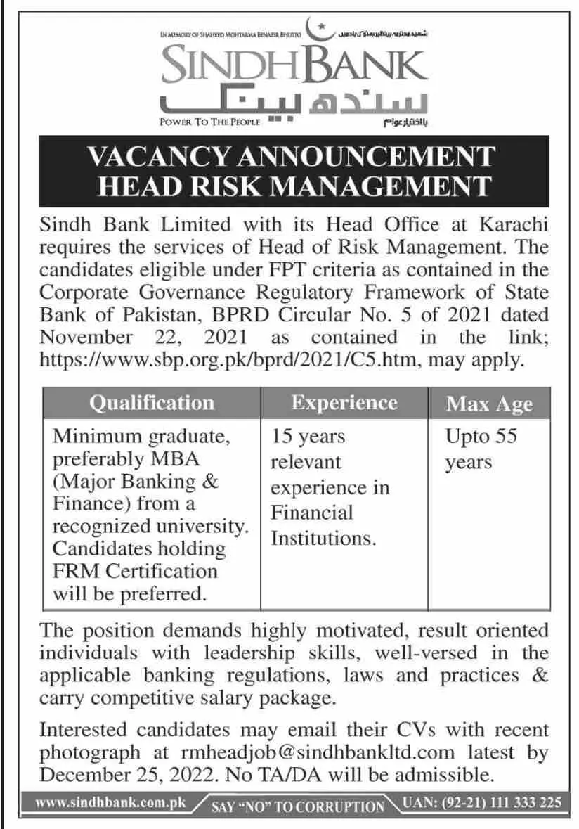 Sindh Bank Jobs 2022 Jobs 2022 — original advertisement