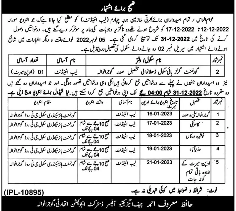 District Education Authority Gujranwala Jobs 2022 – Education School Department Punjab Jobs 2022 — original advertisement
