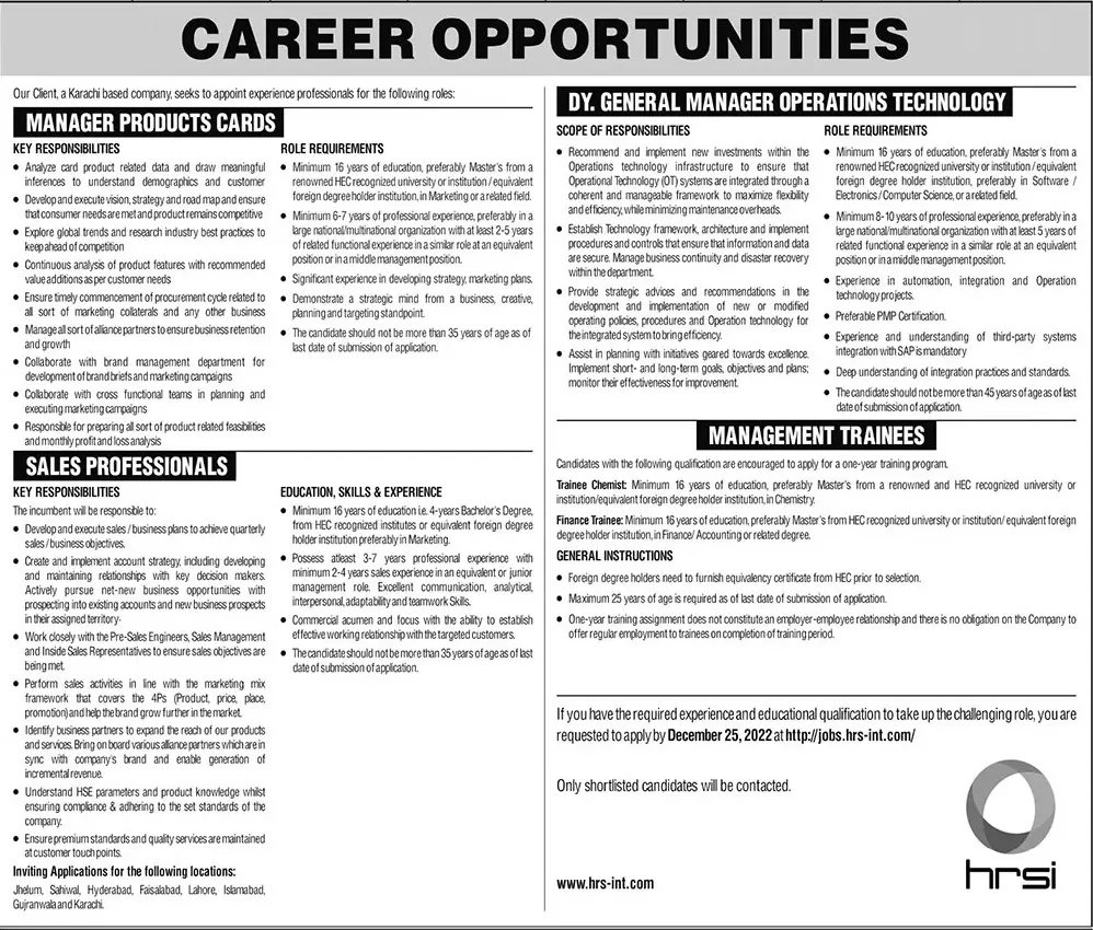 Karachi Based Company Jobs 2022 – Private Company Jobs 2022 — original advertisement