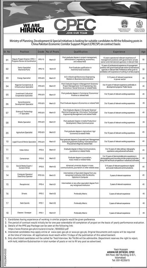 Ministry of Planning Development and Special Initiative Jobs – Ministry of Planning Development & Special Initiatives Islamabad Jobs 2022 — original advertisement