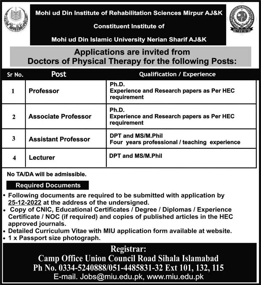 Mohi-ud-Din Islamic University Nerian Sharif, AJK Jobs 2022 – Mohi-ud-Din Islamic University Nerian Sharif AJK Jobs 2022 — original advertisement