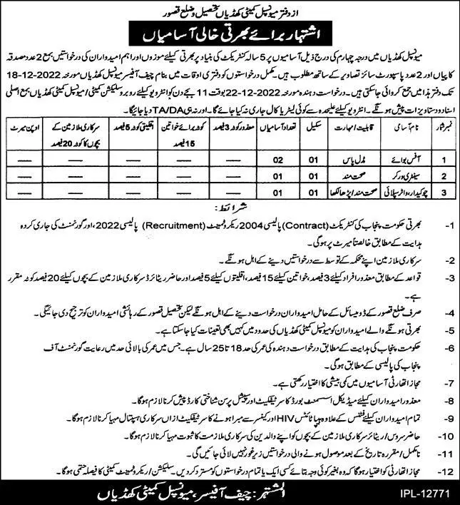 Municipal Committee Khudian District Kasur Jobs 2022 – Muncipal Commette Jobs 2022 — original advertisement
