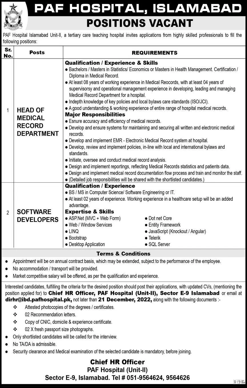 Pakistan Air Force PAF Hospital Islamabad Jobs 2022 Jobs 2022 — original advertisement