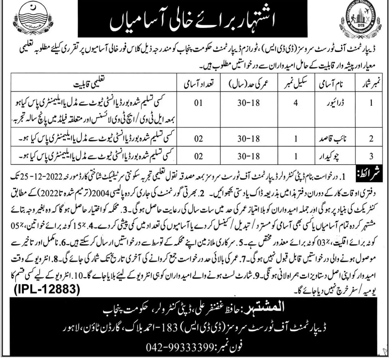 Department Of Tourist Services Jobs 2022 – Govt of Punjab Jobs 2022 — original advertisement